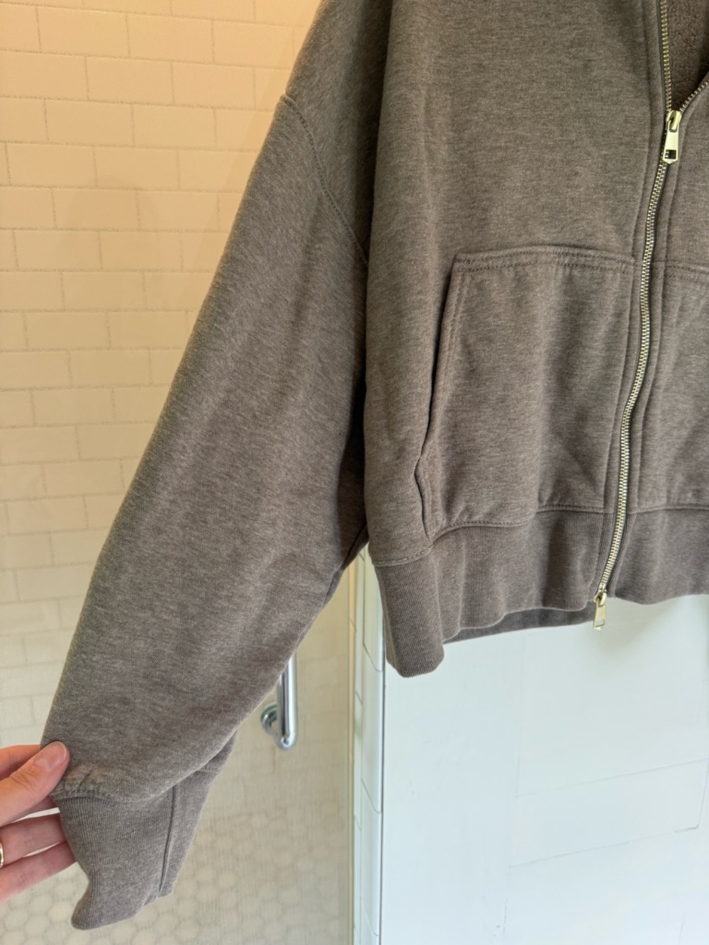 American Eagle Outfitters Taupe Zip-Up Hooded Sweatshirt - Picture 4 of 6